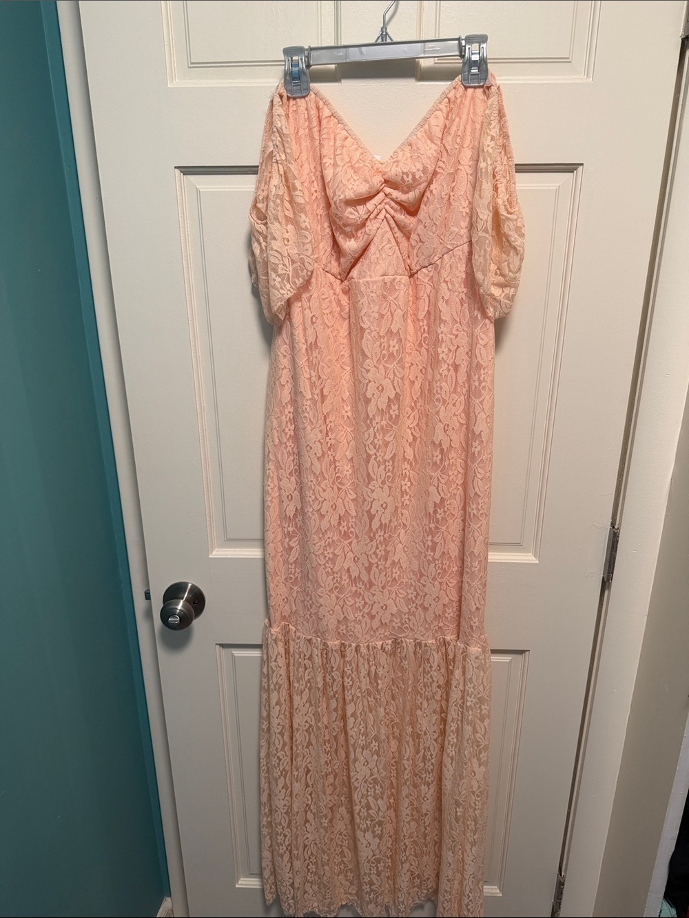 Peach Lace Maxi Dress with Off Shoulder Puff Sleeves